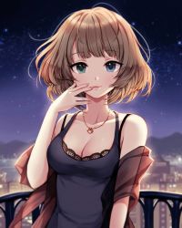 Rule 34 | 1girl, backlighting, bare shoulders, blue eyes, breasts, brown hair, camisole, cityscape, cleavage, collarbone, finger to mouth, green eyes, heart, heart necklace, heterochromia, idolmaster, idolmaster cinderella girls, jewelry, lace trim, lips, looking at viewer, medium breasts, mole, mole under eye, necklace, night, night sky, off shoulder, pinkiepies2, railing, short hair, sky, smile, solo, star (sky), starry sky, takagaki kaede, upper body
