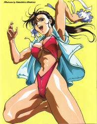 Rule 34 | 1990s (style), 1girl, :d, alternate costume, alternate hairstyle, arm up, armpits, arms up, artist name, bikini, black eyes, black hair, breasts, breasts apart, brown hair, bun cover, capcom, chun-li, cleavage, covered erect nipples, double bun, floating hair, from below, groin, hair bun, hair down, happy, highres, holding, hood, hoodie, jacket, large breasts, leg lift, legs, long hair, looking at viewer, nail polish, narrow waist, navel, o-ring, o-ring bikini, o-ring top, official art, ooshima yasuhiro, open clothes, open hoodie, open mouth, pink nails, red bikini, retro artstyle, ribbon, shiny skin, simple background, skindentation, slingshot swimsuit, smile, solo, street fighter, street fighter ii (series), swimsuit, thighs, underboob, wide hips, yellow background