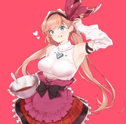 Rule 34 | 1girl, :q, adjusting hair, apron, arm up, armpits, bare shoulders, black bow, black hairband, blue eyes, blush, bow, bowl, breasts, chocolate, clarisse (granblue fantasy), clarisse (valentine) (granblue fantasy), closed mouth, commentary request, cowboy shot, detached sleeves, food, food on face, frilled skirt, frills, granblue fantasy, hair bow, hairband, heart, highres, holding, holding bowl, large breasts, long hair, long sleeves, looking at viewer, low twintails, pink apron, plaid, plaid skirt, purple ribbon, red background, red skirt, remora180, ribbon, simple background, skirt, smile, solo, tongue, tongue out, twintails, v-shaped eyebrows, valentine, very long hair, waist apron, whisk