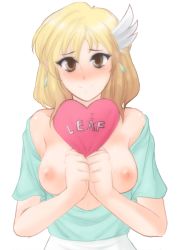 Rule 34 | 1girl, bare shoulders, blonde hair, blush, breasts, brown eyes, closed mouth, collarbone, earrings, facing viewer, fire emblem, fire emblem: genealogy of the holy war, fire emblem: thracia 776, fire emblem heroes, flashing, hair between eyes, hair ornament, head tilt, heart, highres, jewelry, looking at viewer, medium breasts, nanna (fire emblem), nintendo, nipples, short hair, short sleeves, smile, solo, transparent background, tridisart, wing hair ornament