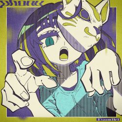 Rule 34 | 1girl, :o, blue eyes, blue shirt, border, cevio, collarbone, colored eyelashes, colored tongue, dedeen, fox mask, green border, green hair, green tongue, hands up, highres, limited palette, looking at viewer, mask, mask on head, mask over one eye, multicolored hair, open mouth, outstretched arms, phony (cevio), purple background, purple hair, shirt, slit pupils, solo, song name, streaked hair, upper body, zombie pose