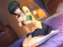 Rule 34 | 1girl, bed, bed sheet, bedroom, black hair, blush, breasts, breasts squeezed together, character request, feet, fuuki iinchou seira, game cg, glasses, indoors, ishigaki takashi, large breasts, looking at viewer, nipples, no bra, on bed, open clothes, open shirt, pillow, plaid, plaid skirt, purple eyes, red-framed eyewear, school uniform, short hair, sitting, skirt, socks, solo