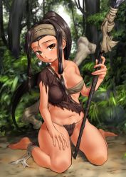 Rule 34 | absurdres, barefoot, black hair, breasts, brown eyes, club (weapon), dedeen, female focus, headband, highres, holding, holding weapon, kneeling, nature, navel, original, polearm, ponytail, prehistoric, revealing clothes, solo, spear, tagme, thick thighs, thighs, weapon