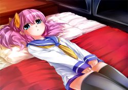 Rule 34 | bed, blue eyes, blush, bow, covering privates, covering crotch, dress, dress tug, hair bow, long hair, lying, manaita petako, moegi nenene, on back, on bed, original, pillow, pink hair, sailor dress, sleeves past wrists, solo, thighhighs, triangle mouth, zettai ryouiki