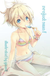 Rule 34 | 1girl, barefoot, bikini, blonde hair, blue eyes, food, kagamine rin, long hair, multicolored stripes, natsumi yuu, navel, partially submerged, ponytail, popsicle, project diva (series), project diva f, scrunchie, sitting, solo, striped bikini, striped clothes, submerged, summer idol (vocaloid), swimsuit, vocaloid, wariza, water, wrist scrunchie