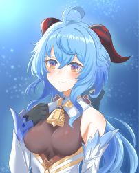 Rule 34 | ahoge, bare shoulders, bell, black gloves, blue hair, blush, bow, bowtie, breasts, detached sleeves, ganyu (genshin impact), genshin impact, gloves, gold trim, hand on own chest, highres, horns, keshikasu9, long hair, looking at viewer, medium breasts, multicolored eyes, neck bell, sidelocks, smile, solo, white sleeves