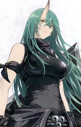 Rule 34 | 1girl, absurdres, arknights, arm scarf, black gloves, black pants, black sweater, breasts, commentary, gloves, green hair, grey background, highres, holding, holding shield, horns, hoshiguma (arknights), large breasts, long hair, looking at viewer, looking down, okonon (kado colda), pants, shield, simple background, single horn, skin-covered horns, sleeveless, sleeveless sweater, smile, solo, sweater, upper body, yellow eyes