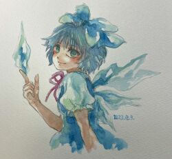 Rule 34 | 1girl, blue dress, blue eyes, blue hair, bow, cirno, cropped torso, dated, dress, hair bow, highres, ice, ice wings, neck ribbon, one-hour drawing challenge, pinafore dress, puffy short sleeves, puffy sleeves, red ribbon, ribbon, shiroma (mamiko), shirt, short sleeves, sleeveless, sleeveless dress, solo, touhou, traditional media, white background, white shirt, wings