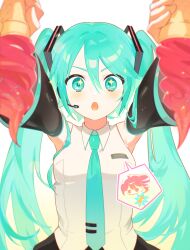 1girl :o absurdres aqua_eyes aqua_hair aqua_necktie arrow_(symbol) black_sleeves blush breasts chibi chibi_inset collared_shirt commentary dated_commentary detached_sleeves dual_wielding food gradient_background grey_shirt hair_ornament hatsune_miku headset highres holding holding_food holding_ice_cream ice_cream ice_cream_cone kasane_teto kasane_teto_(sv) long_hair looking_at_viewer microphone necktie open_mouth outstretched_arms p2kkut pink_eyes pink_hair shirt sleeveless sleeveless_shirt small_breasts sparkling_eyes spoken_character sprinkles straight-on synthesizer_v tie_clip twintails upper_body utau very_long_hair vocaloid