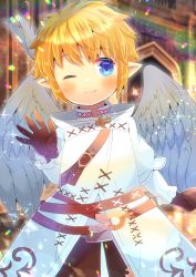 Rule 34 | 1girl, ;), warrior of light (ff14), blonde hair, blue eyes, blurry, blurry background, blush, brown gloves, brown pants, closed mouth, depth of field, feathered wings, fictional persona, final fantasy, final fantasy xiv, gloves, grey wings, hair between eyes, kou hiyoyo, lalafell, long sleeves, looking at viewer, one eye closed, pants, pointy ears, robe, short hair, smile, solo, white robe, wings