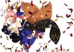 Rule 34 | 10s, 1girl, absurdres, animal ears, autumn leaves, bare shoulders, blue legwear, breasts, character name, cleavage, dated, detached sleeves, fang, fate/extra, fate/extra ccc, fate/grand order, fate (series), fox ears, fox shadow puppet, fox tail, gu-mu, highres, jumping, large breasts, leaf, looking at viewer, multiple tails, open mouth, pink hair, simple background, solo, tail, tamamo (fate), tamamo no mae (fate/extra), white background, yellow eyes