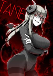 Rule 34 | 1girl, :d, black pantyhose, blunt bangs, breast hold, breasts, commentary request, contrapposto, crossed arms, curled horns, demon girl, demon horns, demon tail, demon wings, ebiblue, grin, half-closed eyes, highres, horns, indie virtual youtuber, large breasts, long hair, long sleeves, looking at viewer, open mouth, pantyhose, red eyes, ribbed sweater, smile, solo, standing, sweater, tail, tane tenshi, thighband pantyhose, turtleneck, turtleneck sweater, twitter username, virtual youtuber, wings