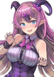 Rule 34 | 1girl, aqua eyes, asymmetrical horns, bare shoulders, blonde hair, blush, bow, breasts, chest harness, claw pose, colored inner hair, commentary, enumiyaa, fang, hair between eyes, hair bow, hair ornament, harness, highres, hololive, horns, large breasts, long hair, looking at viewer, mano aloe, multicolored hair, nail polish, open mouth, pink hair, pink nails, pointy ears, scrunchie, sleeveless, solo, star (symbol), star hair ornament, streaked hair, tagme, two-tone hair, underbust, uneven horns, upper body, very long hair, virtual youtuber, white background, wrist scrunchie