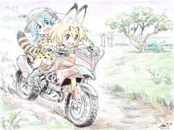 Rule 34 | 10s, 2girls, alternate eye color, alternate hair color, animal ears, arm around waist, artist name, bag, black gloves, black legwear, blonde hair, blue eyes, blue hair, blue skirt, bow, bowtie, brown footwear, cloud, cloudy sky, commentary, cross-laced footwear, dated, day, dirt road, driving, elbow gloves, frown, gloves, hand on headwear, hat, hat feather, helmet, highres, japari symbol, kaban (kemono friends), kemono friends, kubota shinji, landscape, legs up, looking at another, motor vehicle, motorcycle, multiple girls, open mouth, outdoors, pantyhose, pantyhose under shorts, pith helmet, red shirt, riding, road, serval (kemono friends), serval print, serval tail, shirt, shoes, short hair, short sleeves, shorts, signature, sitting, skirt, sky, sleeveless, smile, tail, thighhighs, tree, vehicle request, volcano, watermark, white footwear, yellow eyes
