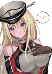 Rule 34 | 1girl, bare shoulders, bismarck (kancolle), blonde hair, blue eyes, blush, breasts, closed mouth, detached sleeves, gloves, hair between eyes, hand on own chest, hat, highres, kantai collection, large breasts, long hair, looking at viewer, military, military hat, military uniform, peaked cap, solo, takemochi, uniform, upper body, white background