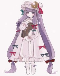 Rule 34 | 1girl, absurdly long hair, blue bow, book, bow, bright pupils, crescent, crescent hat ornament, dress, full body, hair bow, hat, hat ornament, hat ribbon, highres, holding, holding book, long hair, long sleeves, mob cap, patchouli knowledge, pink dress, pink hat, purple bow, purple eyes, purple hair, red bow, red ribbon, ribbon, solo, touhou, very long hair, yujup