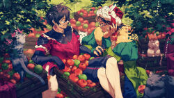 Rule 34 | 2boys, absurdres, apple, black cat, black shorts, cat, constantine xi (fate), crate, earrings, facial hair, fate/grand order, fate (series), food, fruit, glasses, goatee, green apple, green jacket, grey cat, hair between eyes, hat feather, highres, holding hands, in container, jacket, jewelry, looking at another, male focus, mehmed ii (fate), multiple boys, red apple, shooou 0104, shorts, sitting, smile, turban, white cat, yaoi