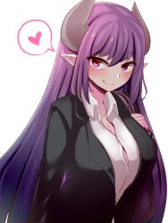 Rule 34 | 1girl, alma elma, blush, breasts, cleavage, collared shirt, commentary request, demon girl, formal, heart, highres, horns, large breasts, long hair, looking at viewer, mon-musu quest!, monster girl, office lady, partial commentary, partially unbuttoned, pointy ears, purple hair, raichi (ddq0246), red eyes, shirt, simple background, smile, solo, spoken heart, suit, upper body, very long hair, white background, white shirt