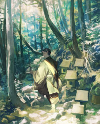 Rule 34 | 1boy, absurdres, black hair, cane, day, forest, highres, hise, horns, japanese clothes, looking back, male focus, nature, oni, oni horns, original, outdoors, sandals, scenery, short hair, standing, stone lantern, tree, wide sleeves