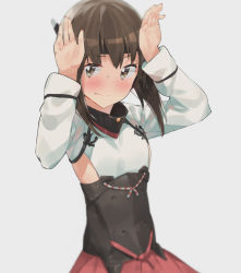 Rule 34 | 10s, 1girl, armor, arms up, bad id, bad pixiv id, blush, brown eyes, brown hair, ddal, fingernails, flat chest, headband, headgear, highres, kantai collection, looking at viewer, no nose, rabbit pose, revision, short hair, skirt, solo, sweatdrop, taihou (kancolle)