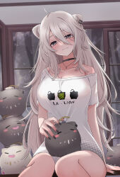 Rule 34 | 1girl, absurdres, ahoge, animal, animal ears, animal on lap, black choker, black eyes, black nails, blush, breasts, choker, cleavage, closed mouth, commentary, curtains, ear piercing, feet out of frame, grey hair, hair between eyes, head tilt, highres, hololive, indoors, jewelry, large breasts, lion ears, lion girl, long hair, looking at viewer, nail polish, necklace, nerorigogo, off shoulder, official alternate costume, on lap, piercing, shirt, shishiro botan, shishiro botan (casual), short sleeves, single bare shoulder, sitting, smile, solo, ssrb (shishiro botan), t-shirt, thighs, very long hair, virtual youtuber, white shirt, window