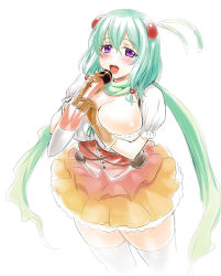 Rule 34 | 1girl, blush, breasts, cowboy shot, feather hair ornament, feathers, green hair, hair ornament, large breasts, long hair, ole tower, open mouth, purple eyes, scarf, scoop (ole tower), shovel, skirt, solo, thighhighs, very long hair, white thighhighs, worktool, zanzi, zettai ryouiki
