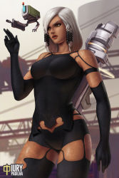 Rule 34 | 1girl, android, arm cannon, artist name, black pantyhose, black thighhighs, braid, breasts, brown eyes, commentary, dark-skinned female, dark skin, drone, elbow gloves, english commentary, eye of horus, fusion, gloves, hair over one eye, hair tubes, iury padilha, joints, lips, medium breasts, medium hair, nier:automata, nier (series), no nipples, nose, overwatch, overwatch 1, pantyhose, pharah (overwatch), pod (nier:automata), robot joints, rocket launcher, short shorts, shorts, side braid, silver hair, solo focus, swept bangs, thighhighs, weapon, a2 (nier:automata)