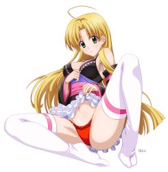 Rule 34 | 1girl, ahoge, asia argento, black bra, black sleeves, blonde hair, bra, breasts, cleavage, closed mouth, clothes lift, derivative work, detached sleeves, floating hair, frilled panties, frills, green eyes, hair intakes, high school dxd, highres, layered skirt, lifting own clothes, long hair, long sleeves, midriff, miniskirt, nail polish, navel, panties, pink nails, red panties, shiny skin, sideboob, sitting, skirt, skirt lift, solo, stomach, thighhighs, transparent background, underwear, very long hair, white skirt, white thighhighs