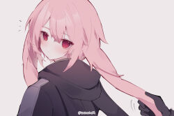 Rule 34 | 1boy, animal ears, ansel (arknights), arknights, black gloves, black jacket, blush, commentary, disembodied hand, english commentary, gloves, highres, holding ear, jacket, looking at viewer, looking back, lop rabbit ears, male focus, no nose, pink hair, pushu, rabbit ears, red eyes, simple background, solo focus, surprised, twitter username, white background