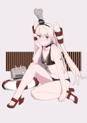 Rule 34 | &gt;:(, 10s, adapted costume, amatsukaze (kancolle), bare legs, bikini, black bikini, breasts, brown eyes, choker, frown, full body, hair ornament, hairband, head rest, high heels, kantai collection, long hair, navel, ojipon, protected link, rensouhou-kun, simple background, sitting, small breasts, solo, steam, swimsuit, two side up, v-shaped eyebrows