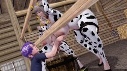 Rule 34 | 3d, animal ears, animal print, bell, bow legged, breasts, bucket, collar, cow ears, cow girl, cow horns, cow print, hand milking, highres, horns, huge breasts, lactating into container, lactation, large areolae, legs apart, milk, milking, name tag, neck bell, nose piercing, nose ring, piercing, pitchfork, pubic hair, spread legs, tongue, tongue out