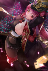 Rule 34 | 1girl, armpits, arms behind head, ascot, belt, black jacket, blush, bodystocking, boots, breasts, brooch, cleavage, detached collar, hair bun, hat, heterochromia, hololive, houshou marine, houshou marine (marching band), jacket, jewelry, knee boots, large breasts, long hair, looking at viewer, mujinbensin, multicolored hair, open mouth, red ascot, red eyes, red hair, revision, see-through, see-through cleavage, shako cap, sideboob, single hair bun, smile, solo, two-tone hair, virtual youtuber, white hair, yellow eyes