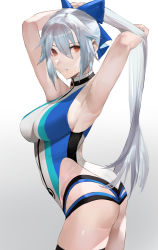 Rule 34 | 1girl, armpits, arms behind head, arms up, ass, bare shoulders, blazpu, blue bow, blue one-piece swimsuit, bow, breasts, fate/grand order, fate (series), hair between eyes, hair bow, highleg, highleg swimsuit, highres, holding, holding own hair, large breasts, long hair, looking at viewer, one-piece swimsuit, ponytail, red eyes, silver hair, solo, swimsuit, thigh strap, thighs, tomoe gozen (fate), tomoe gozen (swimsuit saber) (fate), two-tone swimsuit, white one-piece swimsuit