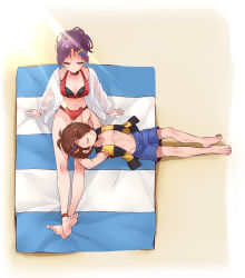 Rule 34 | 1boy, 1girl, absurdres, barefoot, beach, beach towel, bikini, blue shorts, breasts, brown hair, cleavage, closed eyes, commentary request, fang, gegege no kitarou, hair ornament, hair over one eye, hairclip, height difference, hetero, highres, kitarou, lap pillow, lying, medium breasts, nekomusume, nekomusume (gegege no kitarou 6), on back, purple hair, red bikini, shirt, shorts, silanduqiaocui, sitting, striped clothes, striped vest, swimsuit, towel, vest, white shirt