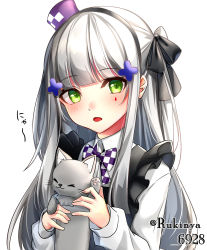 Rule 34 | 1girl, animal, apron, black apron, black bow, blunt bangs, blush, bow, cat, checkered bow, checkered clothes, closed eyes, collared shirt, commentary request, dress shirt, facial mark, frilled apron, frills, girls&#039; frontline, green eyes, hair bow, hair ornament, hat, head tilt, highres, hk416 (black kitty&#039;s gift) (girls&#039; frontline), hk416 (girls&#039; frontline), holding, holding animal, holding cat, long hair, long sleeves, looking at viewer, mini hat, official alternate costume, parted lips, purple hat, rukinya (nyanko mogumogu), shirt, silver hair, simple background, sleeves past wrists, solo, tilted headwear, twitter username, upper body, very long hair, white background, white shirt
