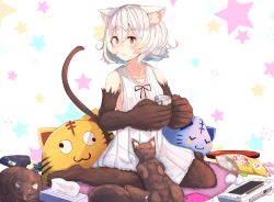 Rule 34 | 1girl, :3, animal ears, beanie, blush, breasts, candy, cat, cat ears, chips (food), collarbone, commentary request, controller, cup, food, fur, game controller, hair between eyes, hat, looking at viewer, original, plan (planhaplalan), sideboob, small breasts, star (symbol), starry background, stuffed animal, stuffed toy, tail, tissue, translation request, white hair, wii u gamepad