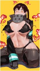 Rule 34 | 1girl, arm behind back, bikini, bikini top only, black bikini, black coat, black gloves, black hair, blush, breasts, coat, covered mouth, en&#039;en no shouboutai, eyelashes, fire, foreshortening, gloves, hair between eyes, highres, hip vent, ibuo (ibukht1015), large breasts, long hair, long sleeves, looking at viewer, motion blur, navel, neon trim, open clothes, open coat, pants, shiny skin, simple background, solo, swimsuit, tamaki kotatsu, thighs, torn bikini, torn clothes, underboob, wide-eyed, wide hips, yellow background