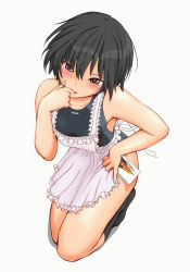 Rule 34 | 1girl, amagami, apron, black hair, blush, bob cut, brown eyes, competition swimsuit, eyebrows hidden by hair, finger in own mouth, finger to mouth, food, from above, nanasaki ai, one-piece swimsuit, pocky, sasaki akira (ugc), short hair, simple background, socks, solo, swimsuit, swimsuit under clothes, white background