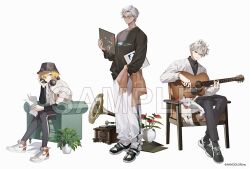 Rule 34 | 3boys, acoustic guitar, anthurium, armchair, black footwear, black headwear, black pants, black shirt, black socks, blonde hair, blue eyes, bucket hat, cat, chair, copyright notice, ear piercing, fanny pack, fingernails, flower, green eyes, green footwear, grey hair, guitar, hair behind ear, hair between eyes, hand on headphones, hat, headphones, headphones around neck, highres, holding, holding clothes, holding instrument, holding paper, ibrahim (nijisanji), instrument, jacket, jewelry, knees together feet apart, kuzuha (nijisanji), layered sleeves, long sleeves, looking at viewer, male focus, multiple boys, nijisanji, official art, pants, paper, parted bangs, phonograph, piercing, plant, pointy ears, potted plant, print shirt, puckered lips, record, red eyes, red flower, ring, sample watermark, sharp fingernails, shirt, shoes, short hair, short over long sleeves, short sleeves, simple background, sitting, sneakers, socks, standing, t-shirt, track pants, turtleneck, uzuki kou, watermark, white background, white footwear, white hair, white jacket, white pants, white shirt, yukko (matakite 4kaku)