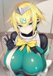 Rule 34 | 1girl, absurdres, blonde hair, blurry, blurry background, blush, bombergirl, bow, braid, breasts, covered erect nipples, emera (bombergirl), eyes visible through hair, greatmosu, green eyes, highres, indoors, large breasts, long hair, ok sign, parted lips, solo, tile floor, tiles, turtleneck, twintails, yellow bow