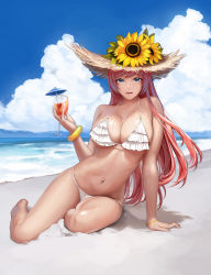 Rule 34 | 1girl, arm support, beach, bikini, blue eyes, blue sky, breasts, cleavage, cloud, cocktail umbrella, commentary request, cup, cupping glass, day, drinking glass, dungeon and fighter, flower, frilled bikini, frills, full body, hat, highres, knight (dungeon and fighter), korean commentary, large breasts, long hair, looking at viewer, monaim, ocean, outdoors, pink hair, sand, sitting, sky, solo, sun hat, sunflower, swimsuit, white bikini, wine glass