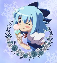 Rule 34 | 1girl, anime coloring, blouse, blue background, blue dress, blue eyes, blue hair, blue ribbon, blush, cirno, collared shirt, dress, fairy, flower, food, hair between eyes, highres, ice, ice cream, one eye closed, red ribbon, remyfive, ribbon, rose, shirt, short hair, smile, snowflake ornament, snowflake print, snowflakes, solo, straight hair, tongue, tongue out, touhou, white flower, white rose, white shirt, wink