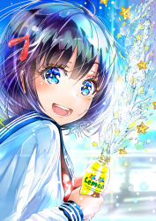 Rule 34 | 1girl, black hair, blue eyes, blush, bob cut, bottle, drink, from side, hair ornament, highres, holding, holding bottle, keepout, long sleeves, looking at viewer, neckerchief, open mouth, original, red neckerchief, school uniform, serafuku, short hair, smile, solo, star (symbol), summer, teeth, upper body