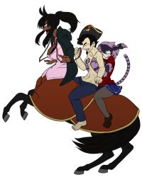 Rule 34 | 1boy, 2girls, absurdres, angry, bandages, bare legs, barefoot, black hair, bow, braid, breasts, bridle, centaur, cheshire cat (monster girl encyclopedia), cleavage, collar, colorized, dark skin, facial hair, feet, full body, hat, highres, hood, hoodie, hooves, hug, hug from behind, jacket, less, long hair, missing finger, monster girl encyclopedia, multicolored hair, multiple girls, open mouth, pantyhose, pink hair, pirate hat, ponytail, purple hair, rearing, reins, riding, scar, sharp teeth, shoes, short hair, sitting, skirt, taur, teeth, topless male, yellow eyes