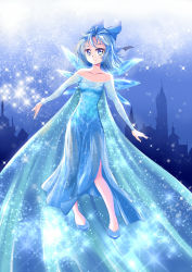Rule 34 | 1girl, bare shoulders, blue eyes, blue hair, bow, caibao return, cape, cirno, cityscape, collarbone, cosplay, dress, elsa (frozen), elsa (frozen) (cosplay), flying, frozen (disney), gradient background, hair bow, highres, ice, ice wings, looking at viewer, matching hair/eyes, power connection, short hair, smile, solo, sparkle, strapless, strapless dress, touhou, wings