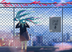 Rule 34 | 1girl, ao fujimori, aqua hair, aqua necktie, arms up, arrow (symbol), backlighting, black coat, black socks, blue hair, blue necktie, blue sky, blurry, blurry background, chain-link fence, chromatic aberration, cityscape, closed eyes, closed mouth, coat, day, dot nose, english text, facing viewer, feet out of frame, fence, floating hair, hands on headphones, hatsune miku, head down, highres, kneehighs, lens flare, light particles, listening to music, long hair, long sleeves, multicolored hair, muted color, necktie, outdoors, popped collar, rooftop, scenery, sign, sky, smile, socks, solo, standing, straight-on, streaked hair, u u, vocaloid, wide shot, wind, wing collar