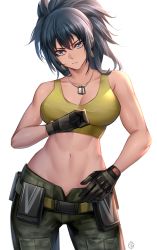 Rule 34 | 1girl, bare shoulders, belt, blue eyes, blue hair, breasts, camouflage, camouflage pants, cleavage, collarbone, dog tags, earrings, gloves, green pants, highres, hua-j, jewelry, large breasts, leona heidern, long hair, looking at viewer, navel, pants, ponytail, snk, solo, tank top, the king of fighters, the king of fighters xiv, the king of fighters xv, yellow tank top