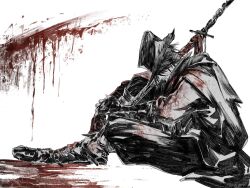 Rule 34 | 1boy, alternate costume, arm belt, arm wrap, artist name, beard stubble, black hair, blood, blood on clothes, blood on ground, blood splatter, bloodborne, boots, capelet, closed mouth, company connection, crossover, facial hair, fune (nkjrs12), hair over eyes, hat, highres, leg belt, limited palette, male focus, over shoulder, sekiro, sekiro: shadows die twice, sheath, sheathed, sitting, solo, stubble, sword, tricorne, weapon, weapon over shoulder
