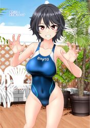 Rule 34 | 1girl, black hair, blue one-piece swimsuit, blue sky, breasts, chair, clothes writing, cloud, commentary request, competition swimsuit, covered navel, cowboy shot, curled fingers, day, feet out of frame, grin, high school fleet, highres, large breasts, mature female, munetani mafuyu, one-piece swimsuit, outdoors, plant, potted plant, red eyes, short hair, sky, smile, solo, swimsuit, takafumi, translation request, two-tone swimsuit