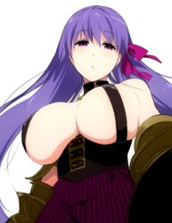 Rule 34 | 10s, 1girl, breasts, cleavage, covered erect nipples, fate/extra, fate/extra ccc, fate (series), hair ribbon, huge breasts, long hair, looking at viewer, passionlip (fate), purple eyes, purple hair, ribbon, sasamori tomoe, simple background, solo, white background